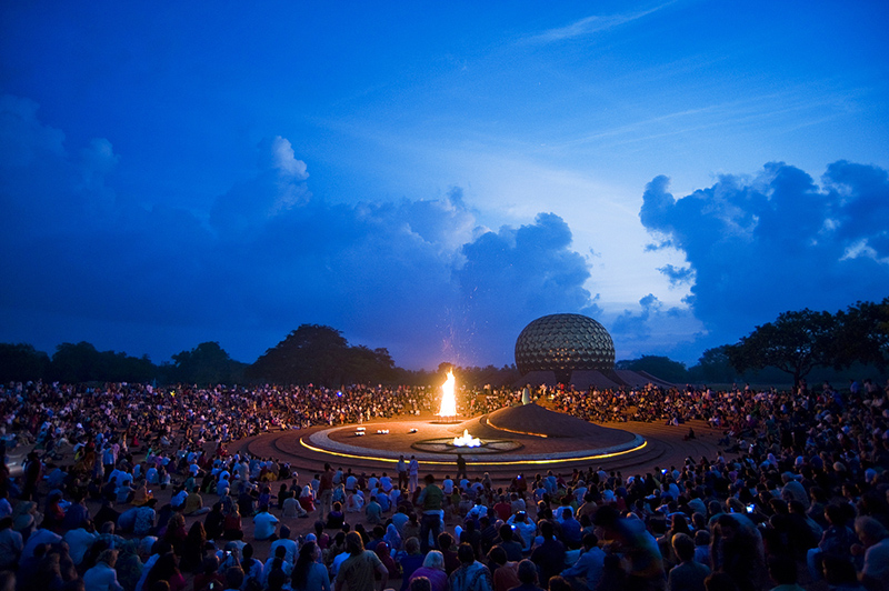 Residents of Auroville celebrate the founding of Auroville around the dawnfire every 28 February
